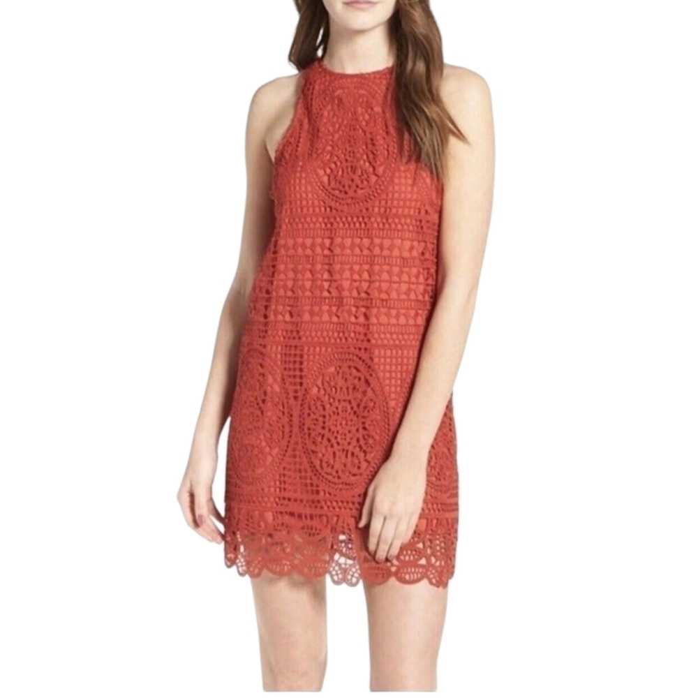 Lovers + Friends Mini Dress Small Orange Crochet Lace Overlay Scalloped Hem